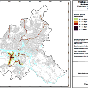 Die Grafik zeigt die Lärmkartierung des Schienenverkehrs der U-Bahn, der Hafenbahn und der AKN