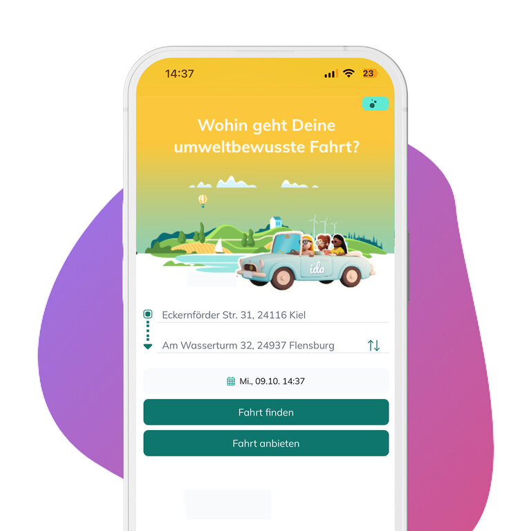 Grafik eines Handys mit der Startseite der geöffneten Mitfahr-App IDA aus dem Kirchenkreis Nordfriesland