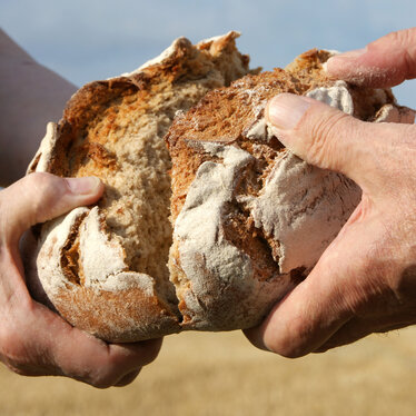 Zwei Hände brechen ein Brot