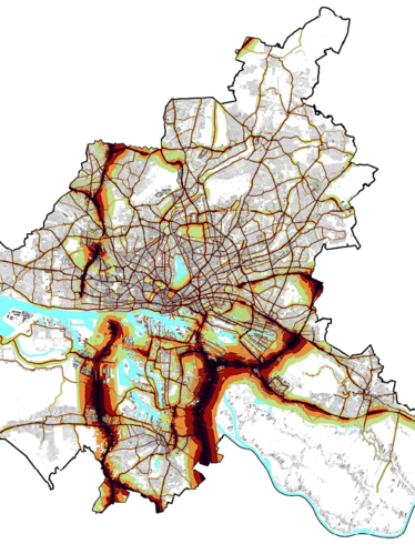 Das Bild zeigt die Lärmkarte für den Straßenverkehr der Stadt Hamburg in einem Betrachtungszeitraum von 24 Stunden