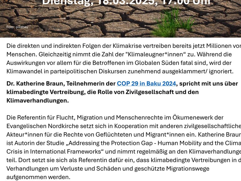 Zur Veranstaltung „ONLINE FÜR MENSCHENRECHTE: - Vertreibung, Flucht und die Politik – was bringen Klimaverhandlungen?“